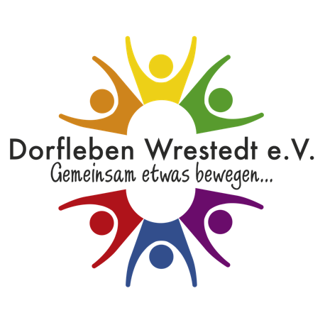 Buntes Logo mit stilisierten Figuren im Kreis und Text "Dorfleben Wrestedt e.V. Gemeinsam etwas bewegen...".
