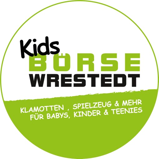 Ein rundes Logo mit grünem und weißem Hintergrund, darauf steht: "Kids Börse Wrestedt" in Schwarz und Grün, darunter "Klamotten, Spielzeug & mehr für Babys, Kinder & Teenies" in Weiß.